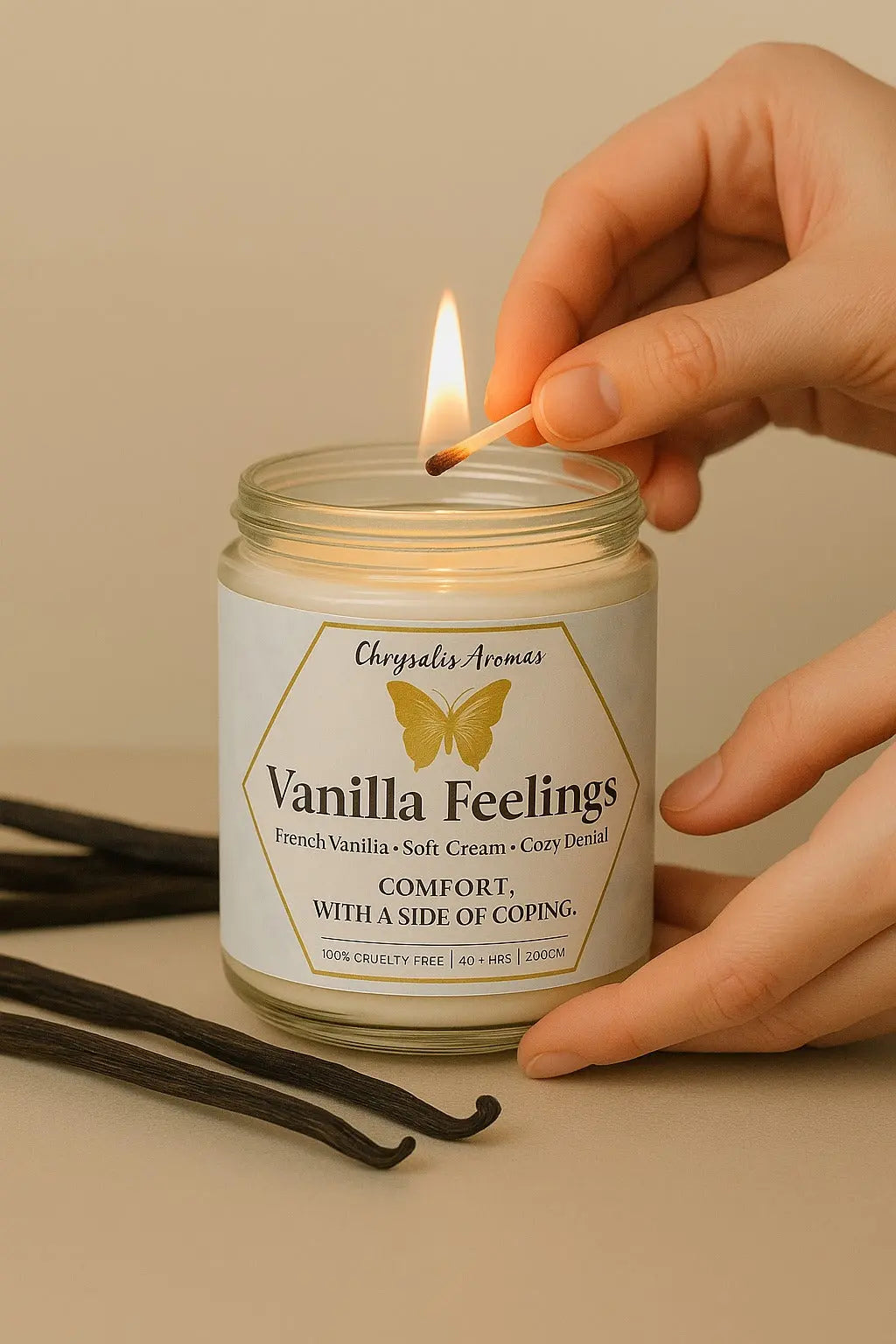 Close-up of Chrysalis Aromas candle wax and wick – soy blend and clean ingredients