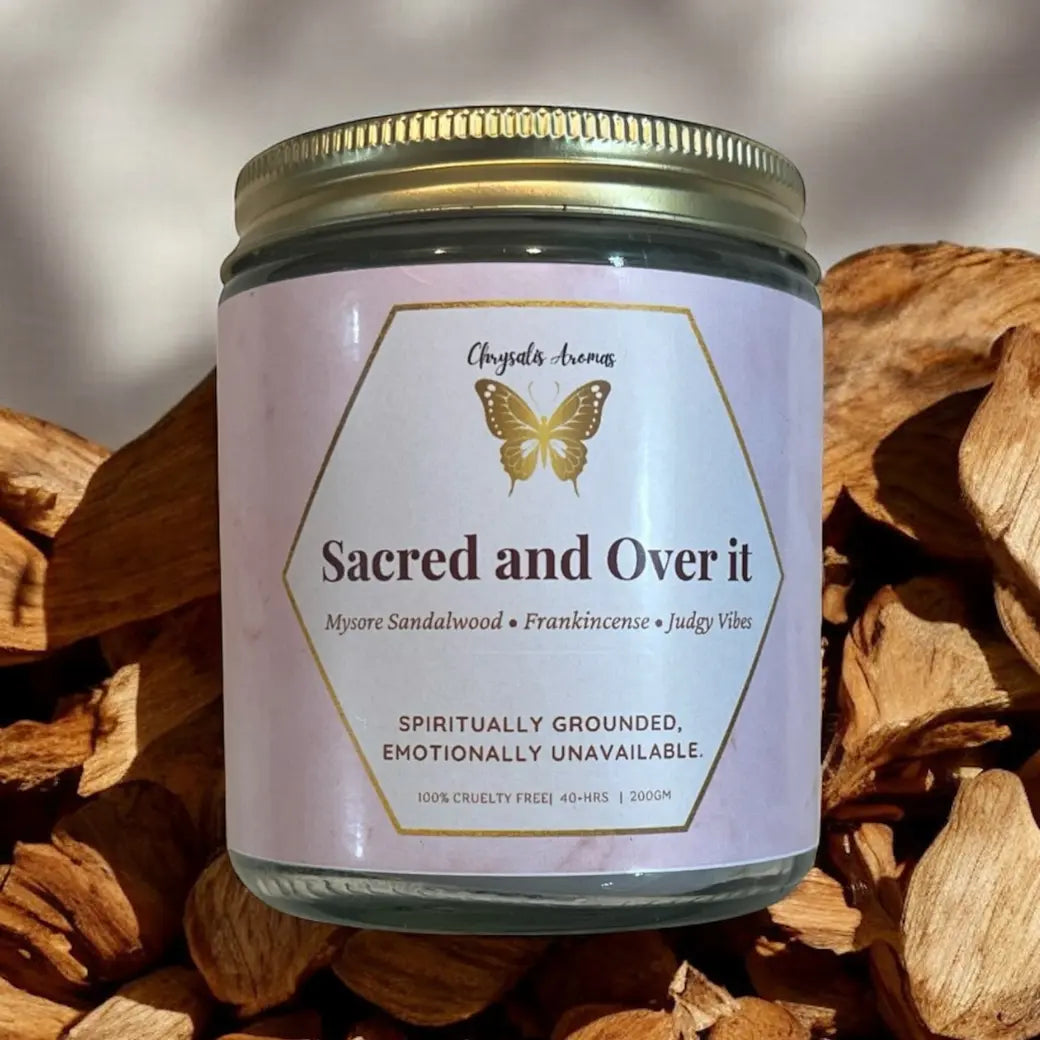 Sacred and Over It! soy scented candle by Chrysalis Aromas – spiritual healing candle for calm, clarity, and emotional wellness, handcrafted in India