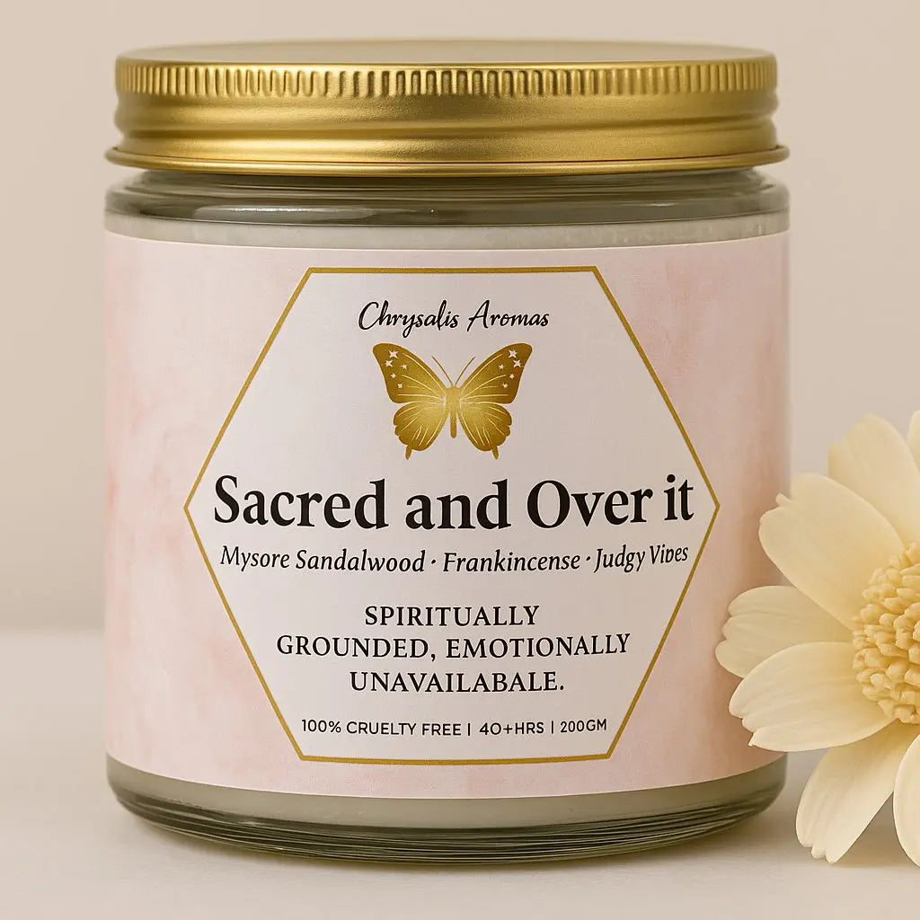 Best scented candle for emotional grounding – Sacred and Over It! handmade by Chrysalis Aromas