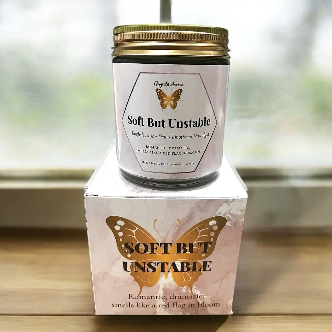 Mood-based soy candle- titled “Soft but Unstable”- for mental health and anxiety support