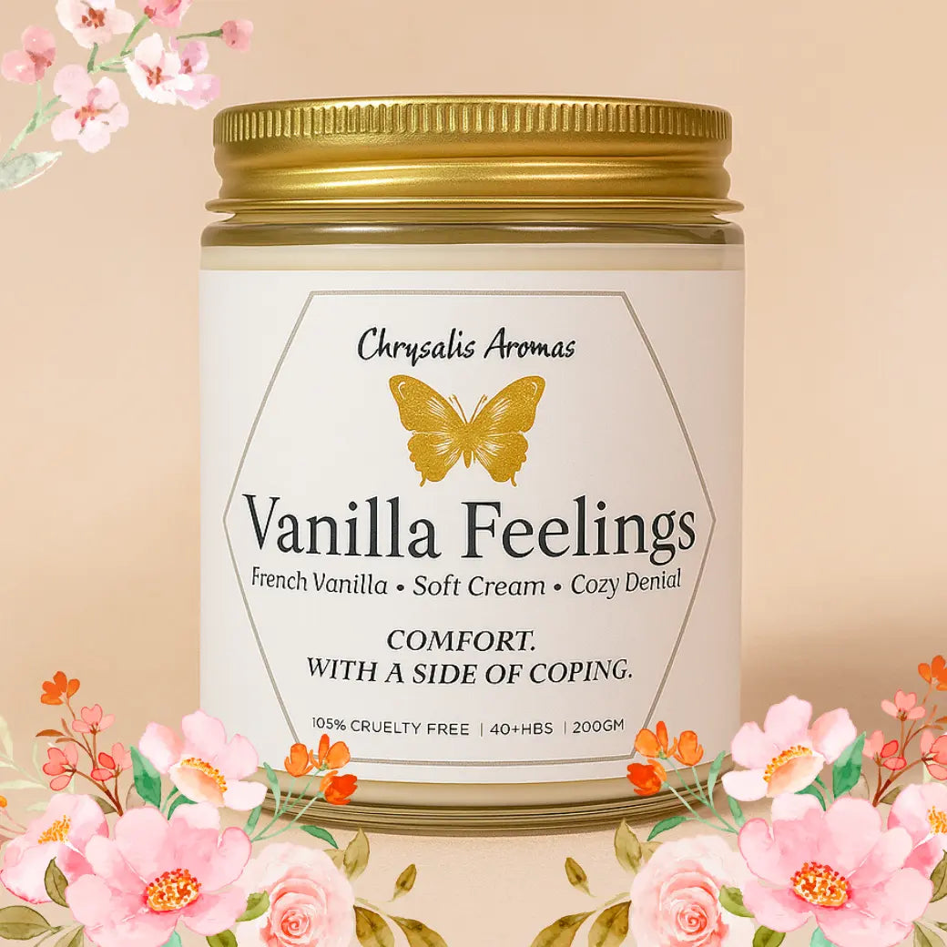 Vanilla Feelings scented soy candle by Chrysalis Aromas – hand-poured, natural fragrance, cozy and calming design for mental wellness and self-care